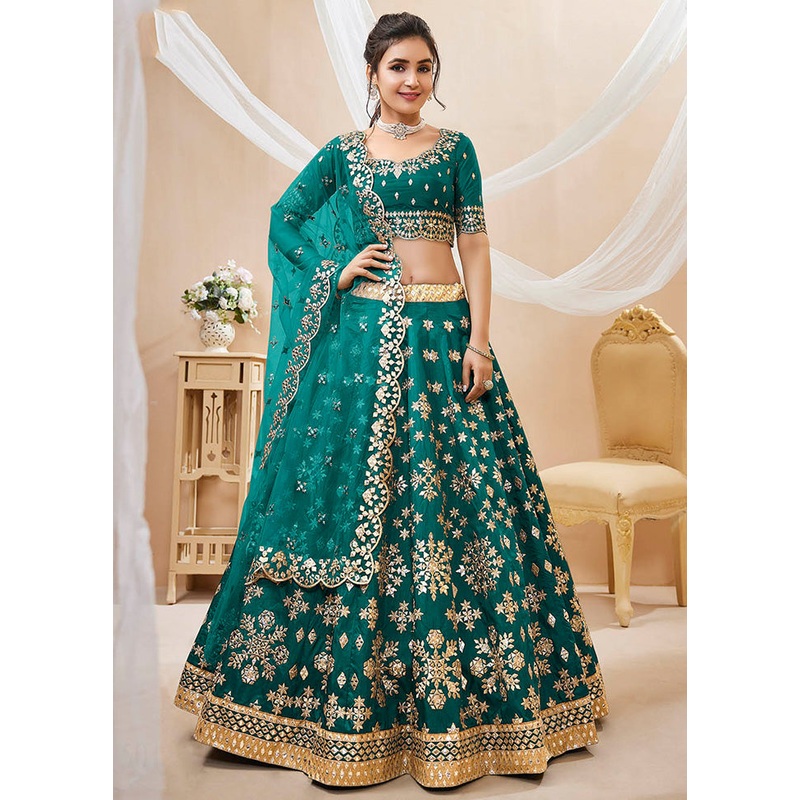 3 Pc Green Silk Semi Stitched Lehenga Set - JD986583654
