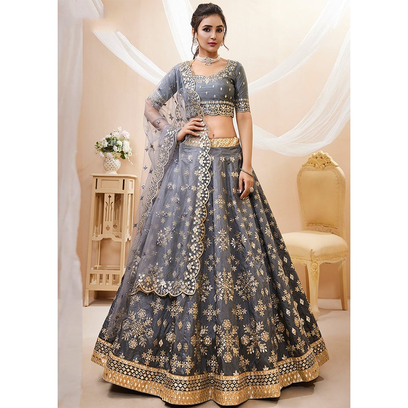3 Pc Grey Silk Semi Stitched Lehenga Set - JD986583652