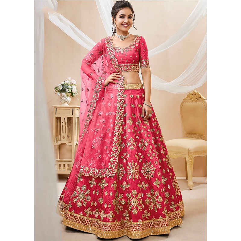 3 Pc Pink Silk Semi Stitched Lehenga Set - JD986583633