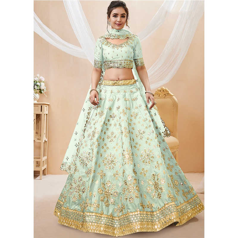 3 Pc Pista Green Silk Semi Stitched Lehenga Set - JD986583632