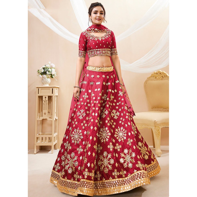 3 Pc Red Silk Semi Stitched Lehenga Set - JD986583628