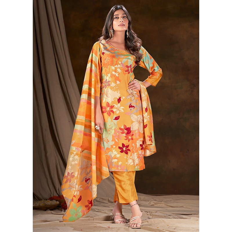 3 Pc Yellow Readymade Silk Suit Set - JD986583735