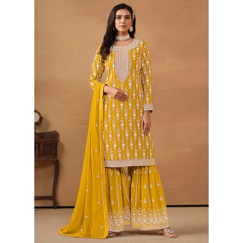 3 Pc Yellow Semi Stitched Georgette Suit Set - JD986583620