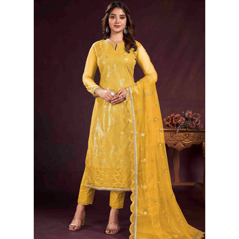 3 Pc Yellow Semi Stitched Net Suit Set - JD986583619