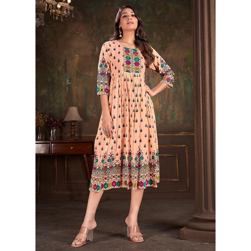 Beige Readymade Cotton Long Kurti - JD986583733