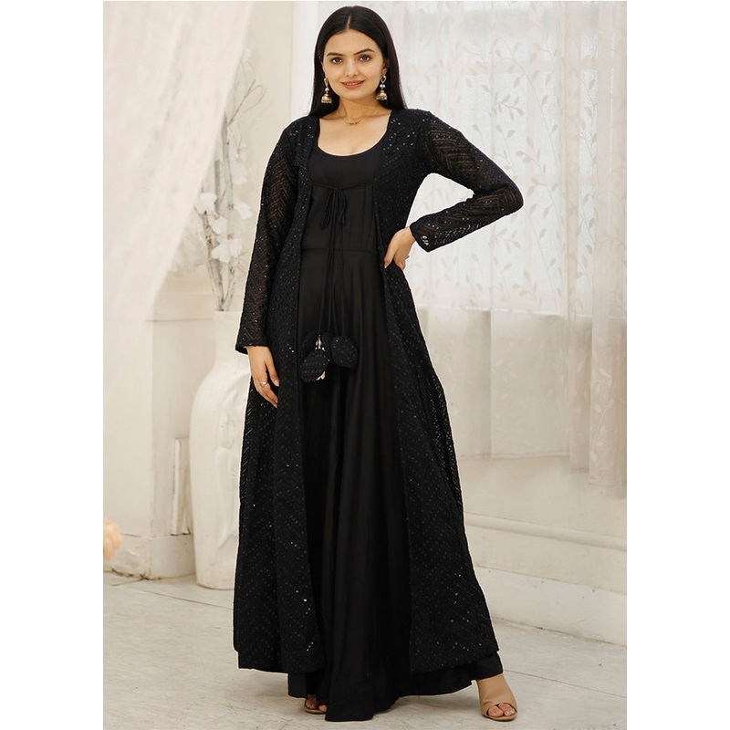 Black Readymade Rayon Gown With Shrug - JD986583732
