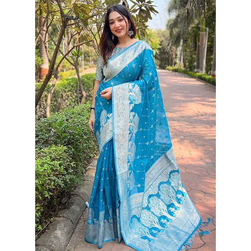 Blue Organza Saree With Blouse Piece - JD986583580
