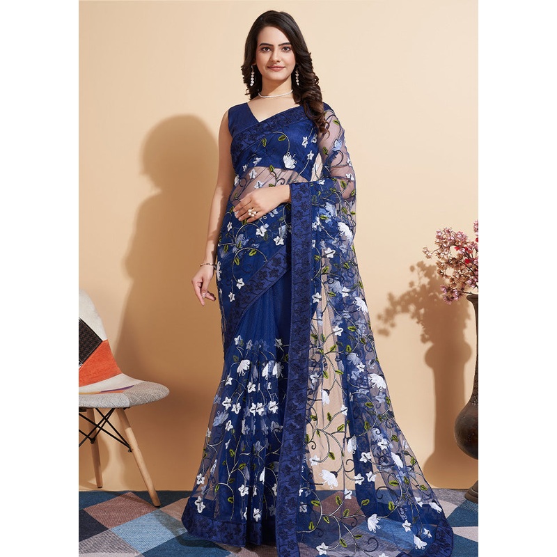 Blue Organza Saree With Blouse Piece - JD986583615