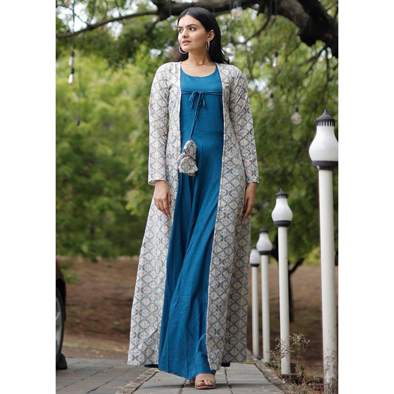 Blue Readymade Rayon Gown With Shrug - JD986583731