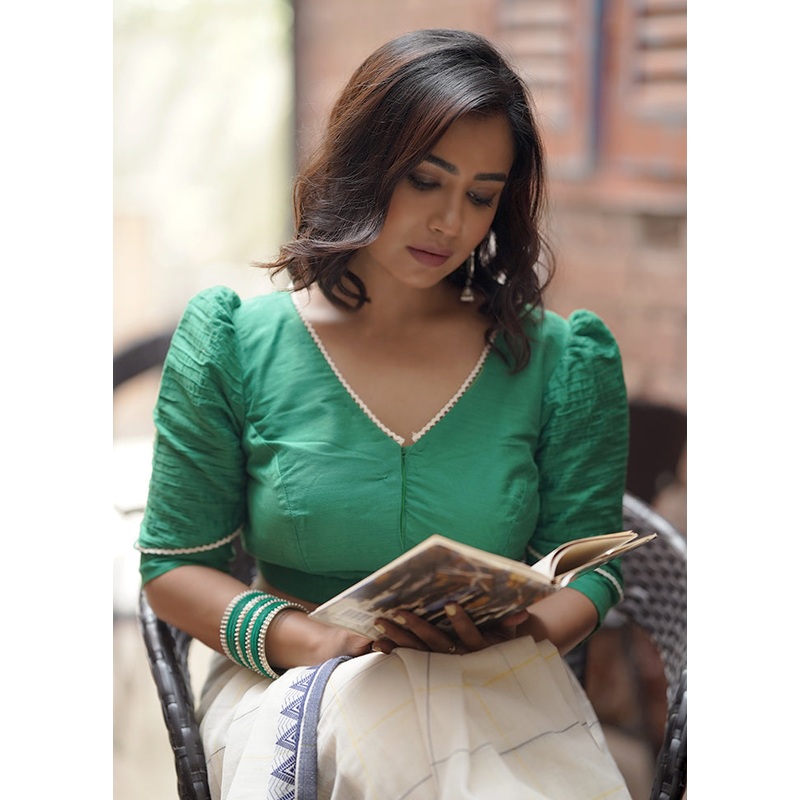 Green Cotton Silk Designer Blouse - JD986583720