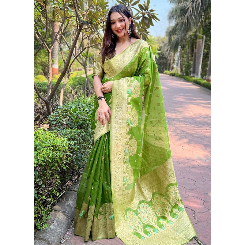 Green Organza Saree With Blouse Piece - JD986583578
