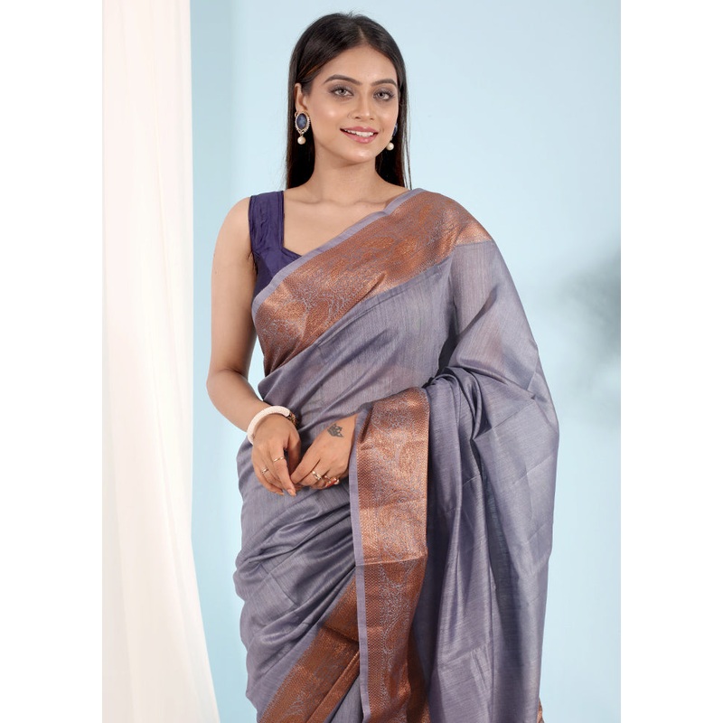 Grey Tussar Pure Silk Saree With Blouse Piece - JD986583703
