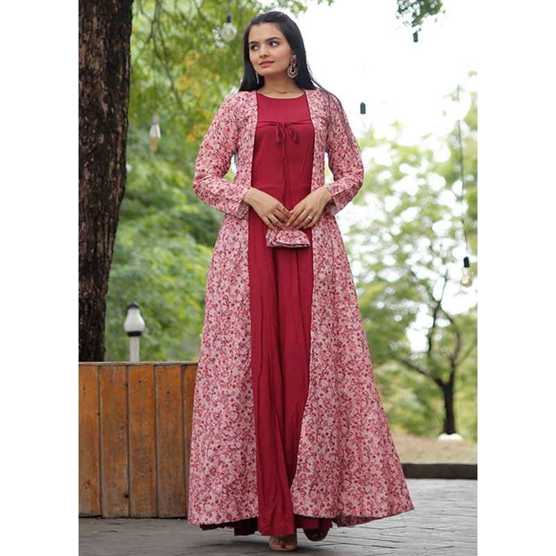 Maroon Readymade Rayon Gown With Shrug - JD986583729
