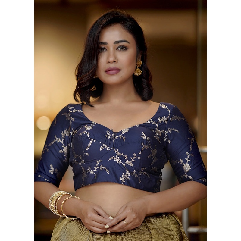 Navy Blue Brocade  Designer Blouse - JD986583678