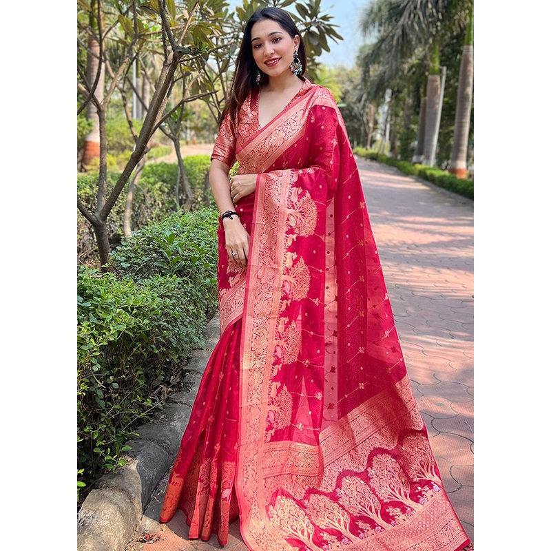 Pink Organza Saree With Blouse Piece - JD986583577
