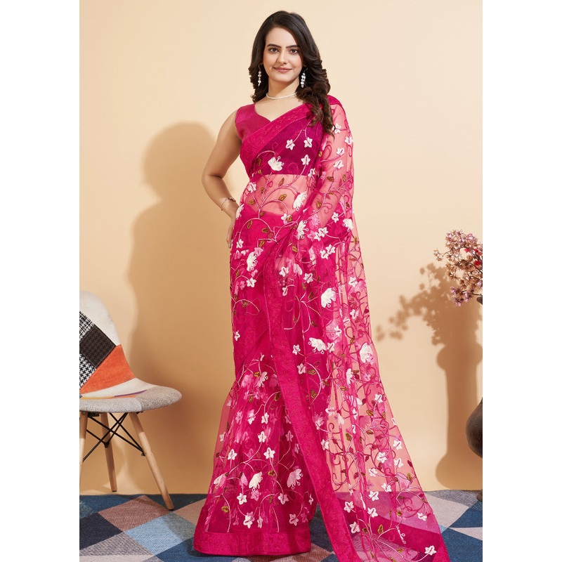Pink Organza Saree With Blouse Piece - JD986583604