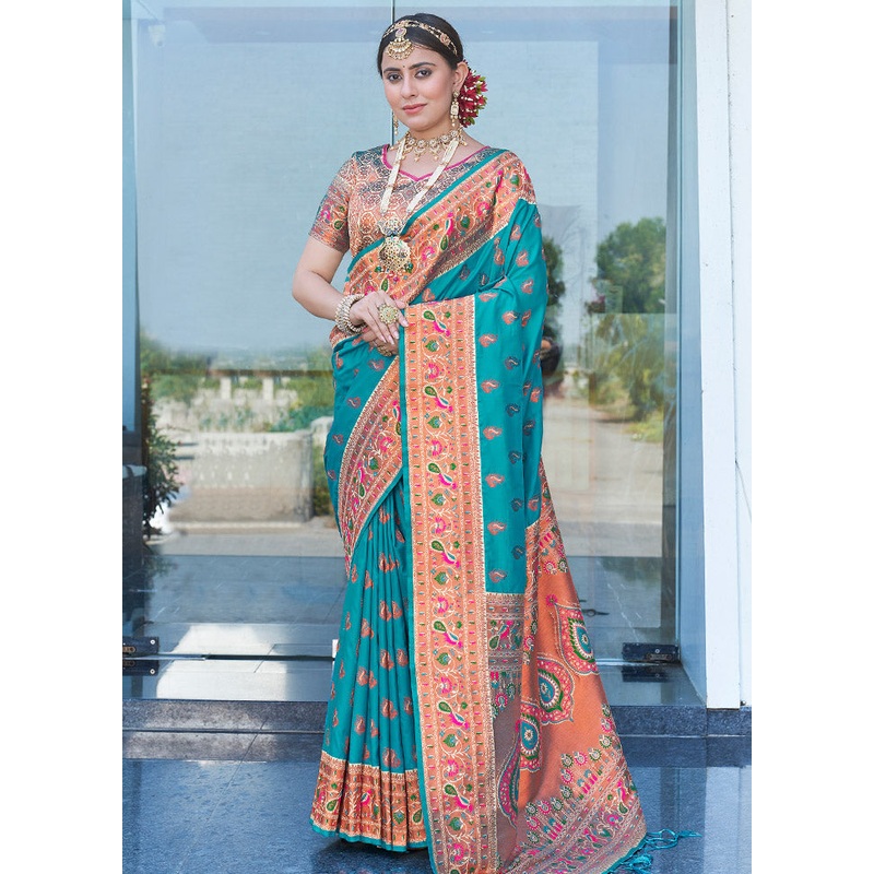 Rama Silk Saree With Blouse Piece - JD986583769