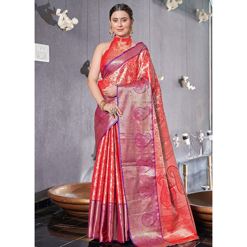 Red Dupion Silk Saree With Blouse Piece - JD986583768