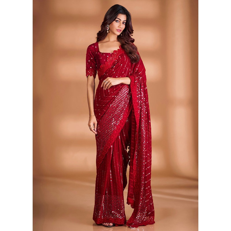Red Georgette Saree With Blouse Piece - JD986583596