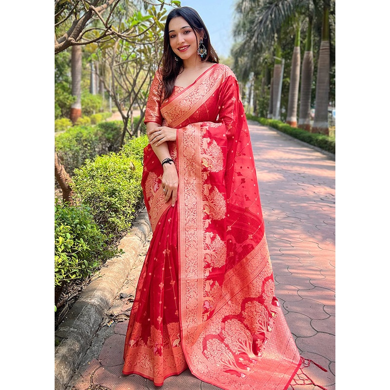 Red Organza Saree With Blouse Piece - JD986583576
