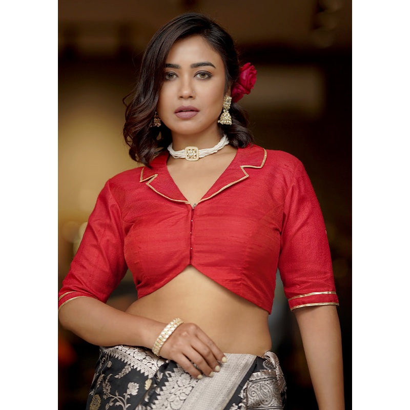 Red Pure Silk Designer Blouse - JD986583709