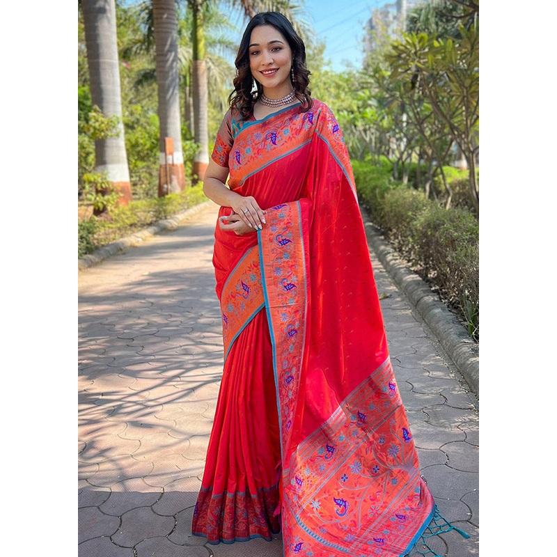 Red Silk Saree With Blouse Piece - JD986583767