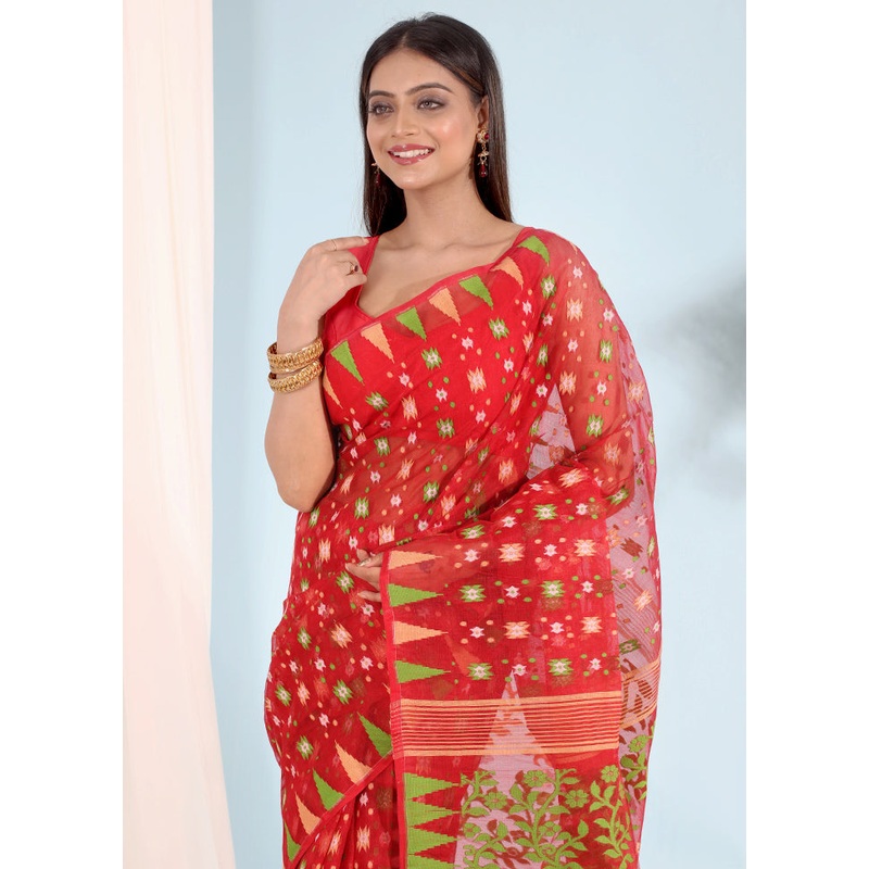 Red Tant Jamdani Saree Without Blouse Piece - JD986583701