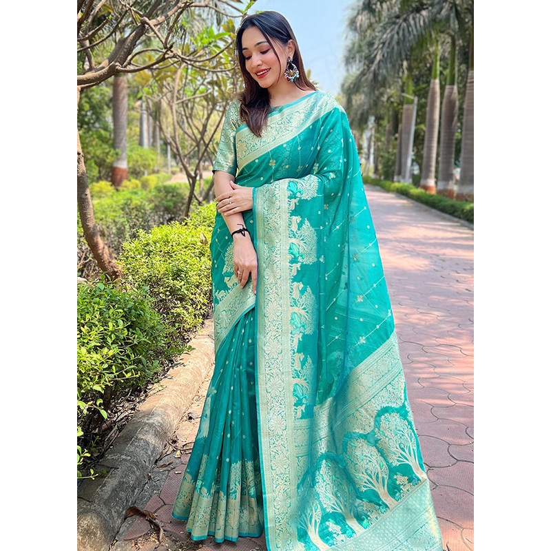 Sea Green Organza Saree With Blouse Piece - JD986583575