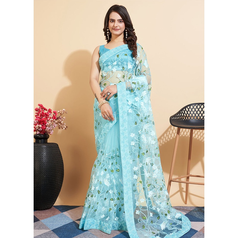 Sky Blue Organza Saree With Blouse Piece - JD986583594