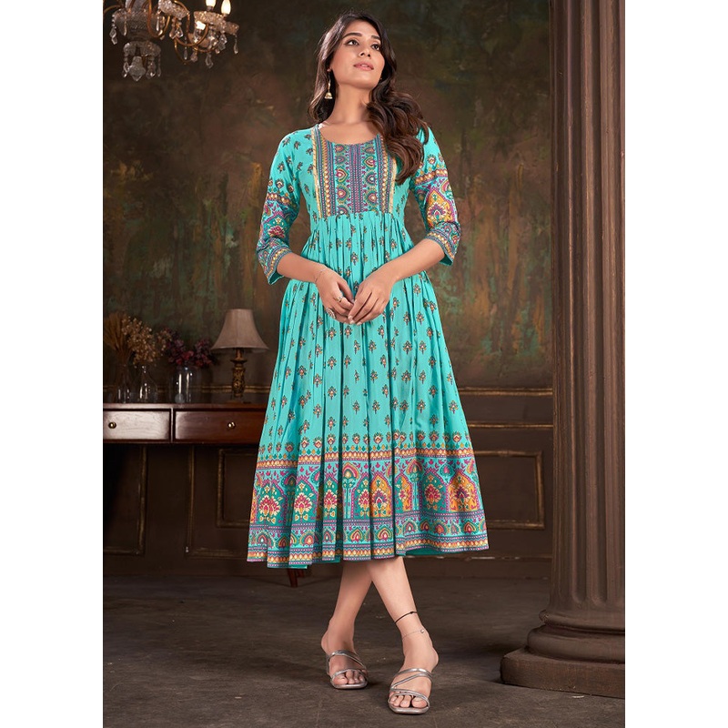 Sky Blue Readymade Silk Long Kurti - JD986583728