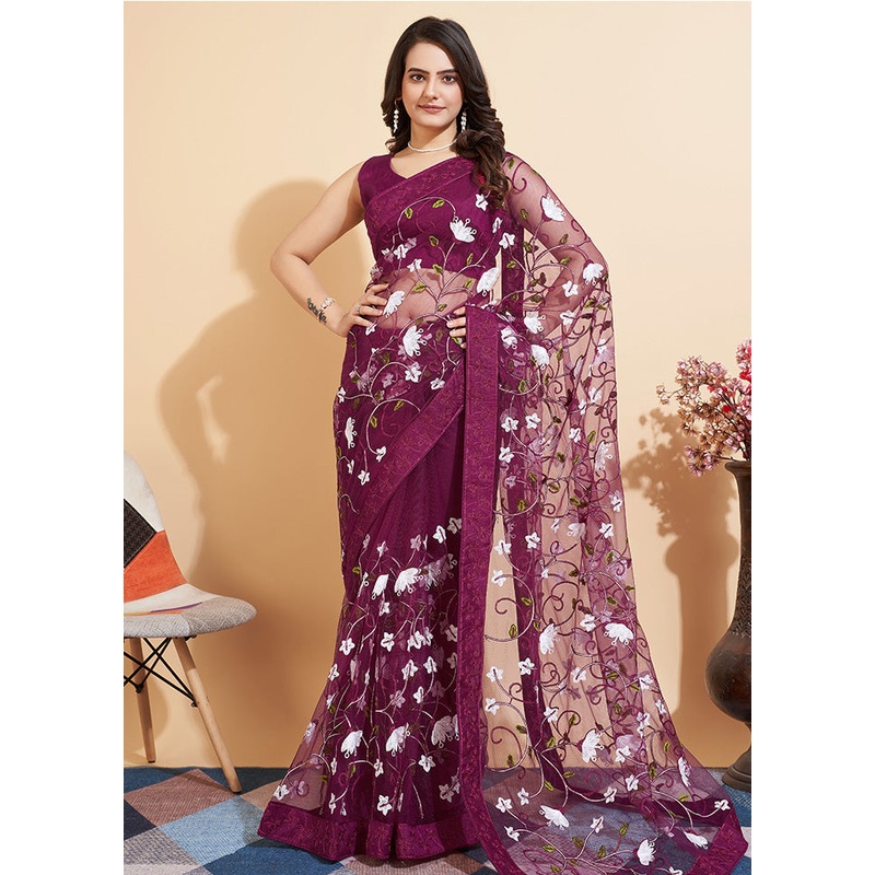 Wine Organza Saree With Blouse Piece - JD986583591