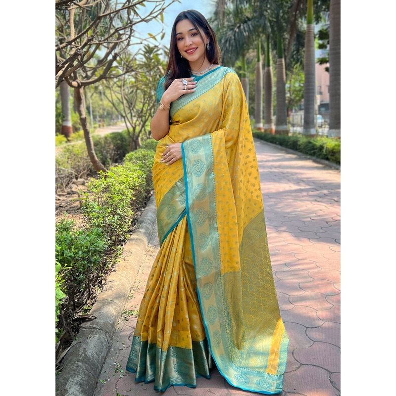 Yellow Dupion Silk Saree With Blouse Piece - JD986583763