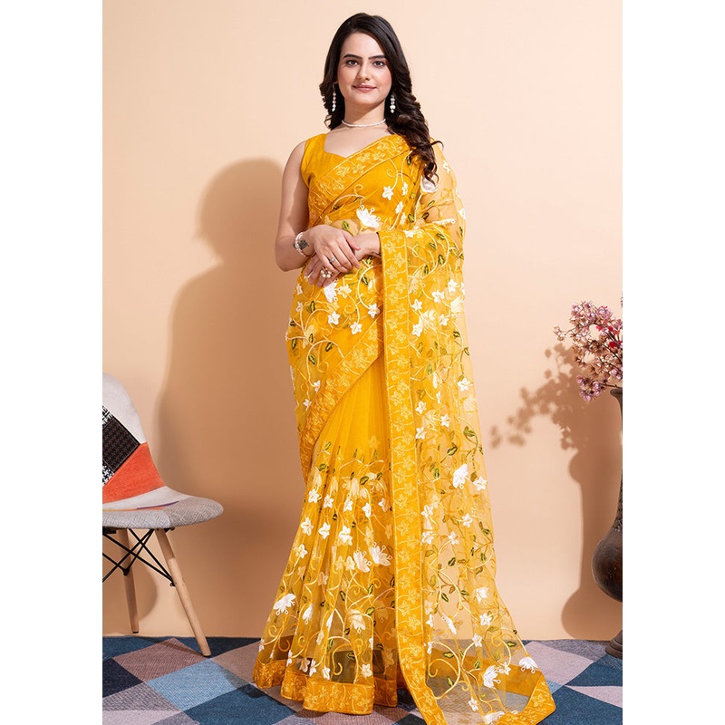 Yellow Organza Saree With Blouse Piece - JD986583588