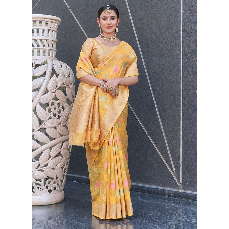 Yellow Organza Saree With Blouse Piece - JD986583762