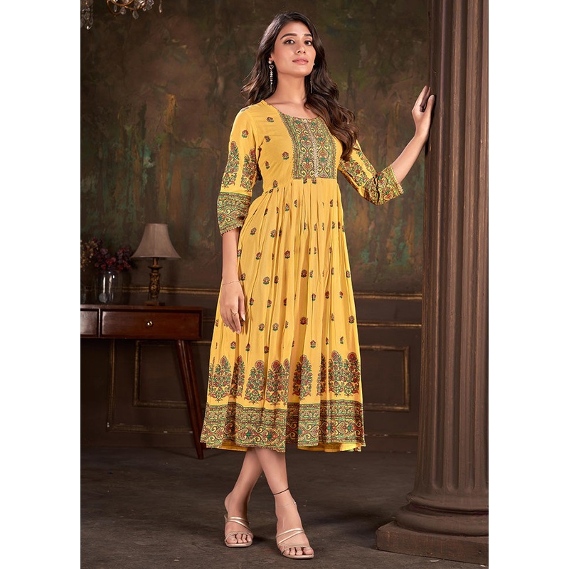 Yellow Readymade Cotton Long Kurti - JD986583726