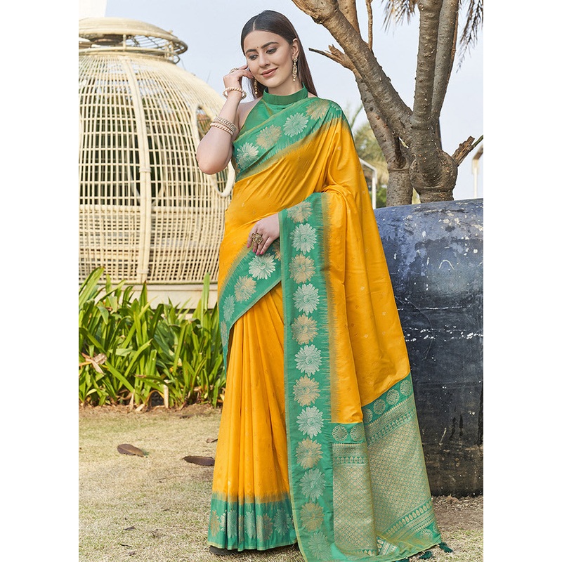 Yellow Silk Saree With Blouse Piece - JD986583759