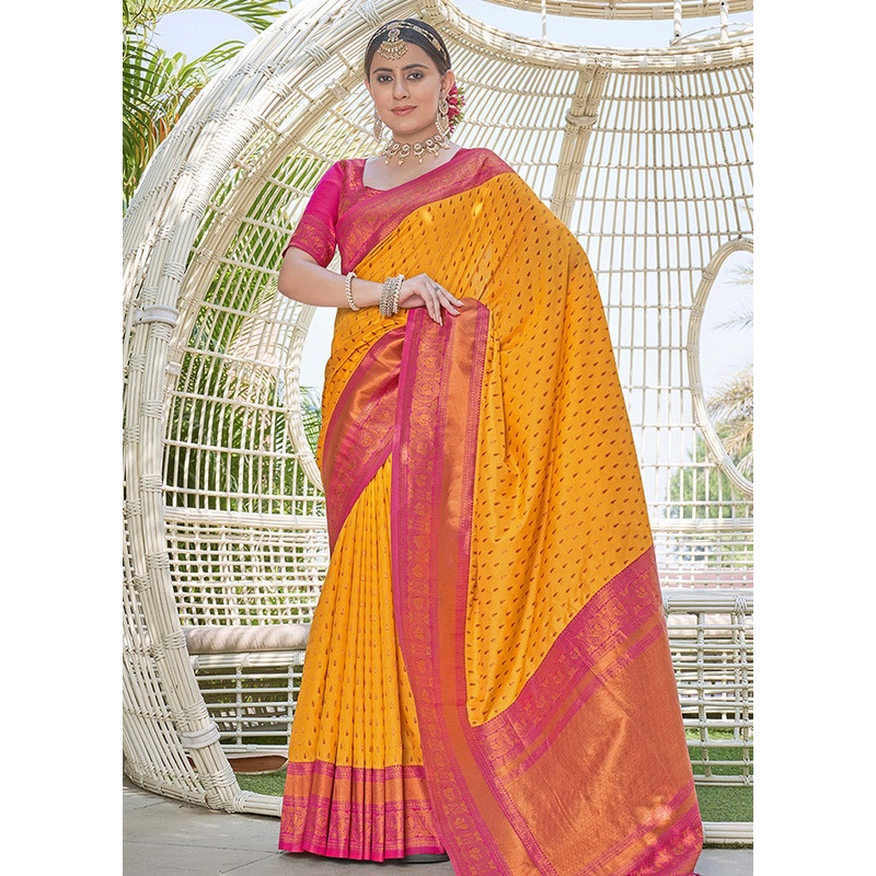 Yellow Silk Saree With Blouse Piece - JD986583760