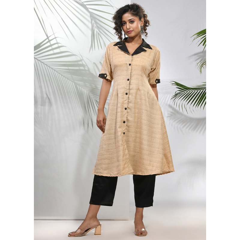 2 Pc Beige Readymade Silk Kurti Set - JD986583449