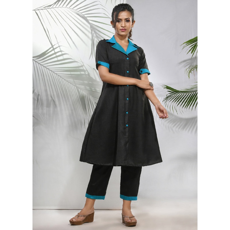 2 Pc Black Readymade Silk Kurti Set - JD986583444