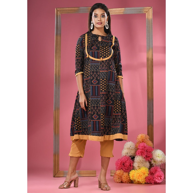 2 Pc Black Readymade Silk Kurti Set - JD986583445