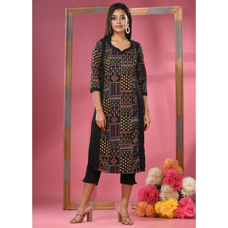 2 Pc Black Readymade Silk Kurti Set - JD986583446
