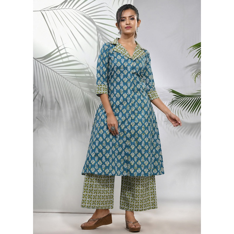 2 Pc Blue Readymade Cotton Kurti Set - JD986583442