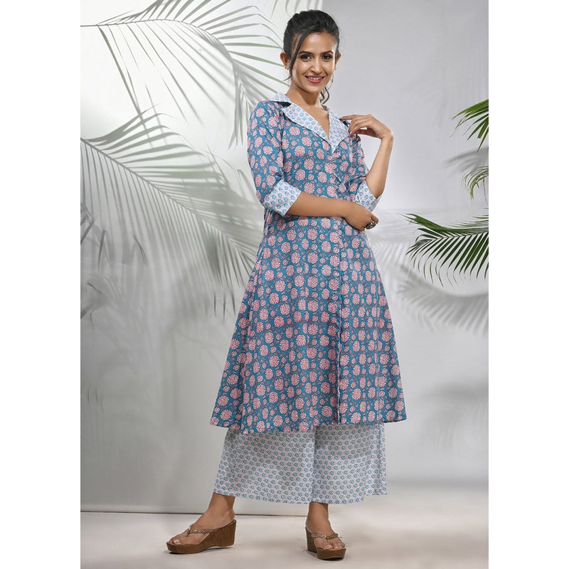 2 Pc Blue Readymade Cotton Kurti Set - JD986583443