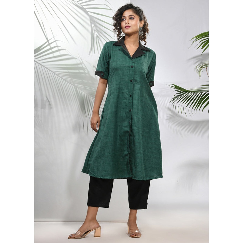 2 Pc Green Readymade Silk Kurti Set - JD986583440