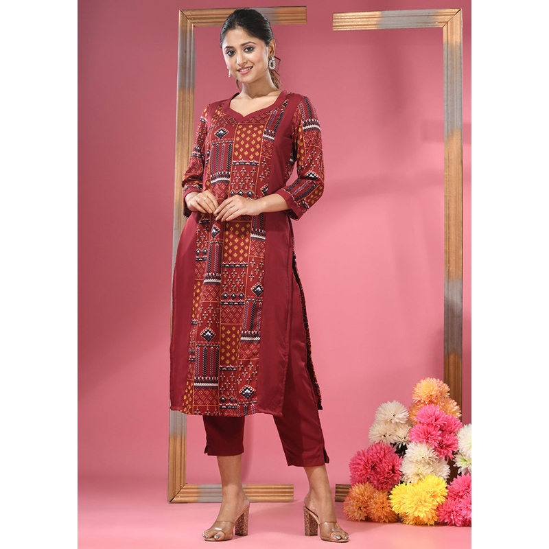 2 Pc Maroon Readymade Silk Kurti Set - JD986583439