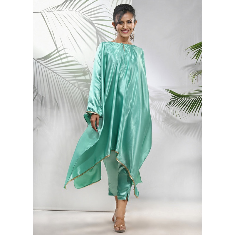 2 Pc Mint Green Readymade Silk Kaftan Set - JD986583438