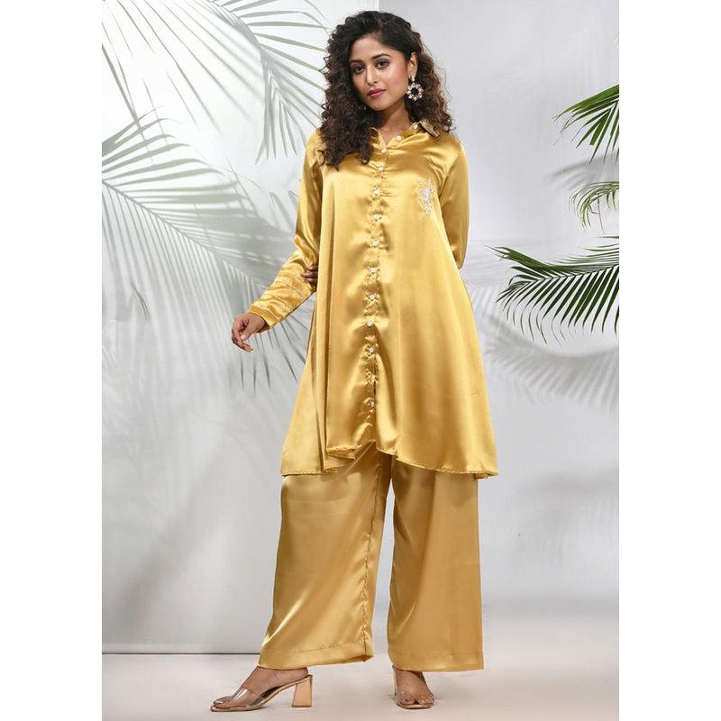 2 Pc Mustard Readymade Silk Coord Set - JD986583433