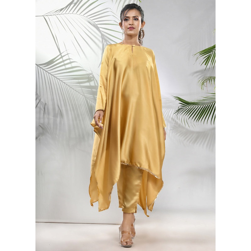 2 Pc Mustard Readymade Silk Kaftan Set - JD986583432