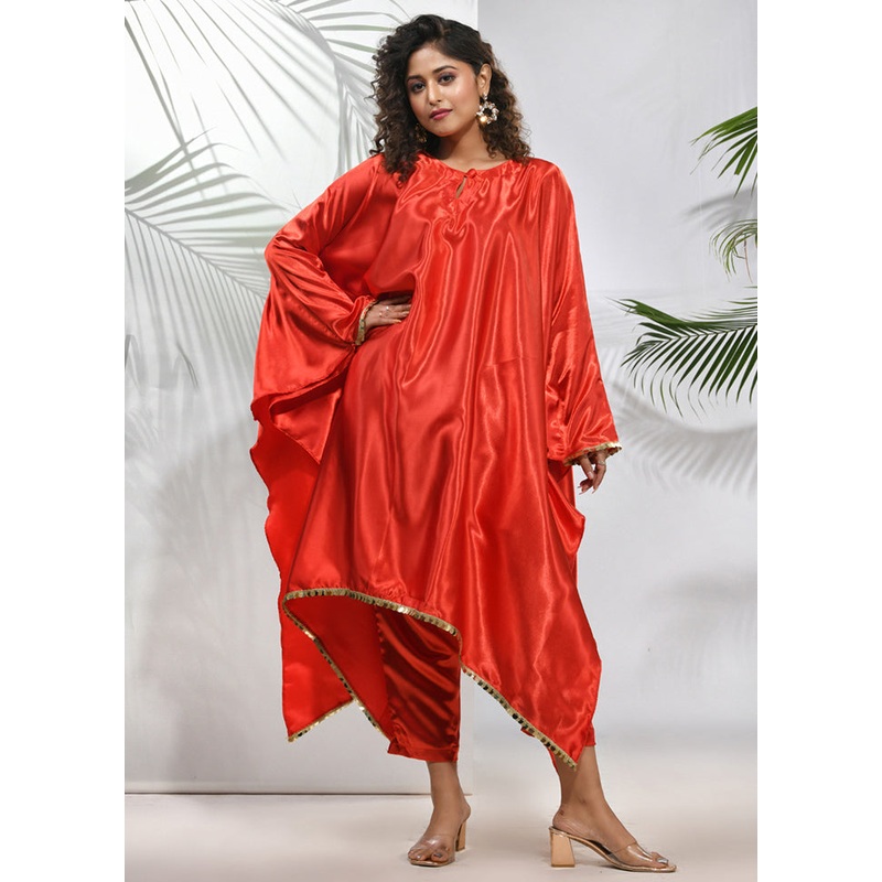 2 Pc Red Readymade Silk Kaftan Set - JD986583428