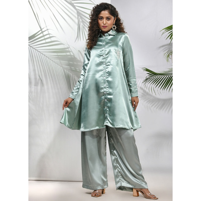 2 Pc Sage Green Readymade Silk Coord Set - JD986583427